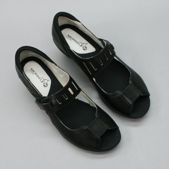 Merrell Ladies 8 Evera MJ Black Mary Janes Hook Loop Peep-toe Pumps Heels Shoes - Picture 6 of 12